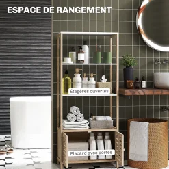 Meuble de Salle de Bain avec 3 étagères en Bambou 1 Placard avec Portes à Lattes 63 x 30 x 138 cm Bois Naturel et Blanc