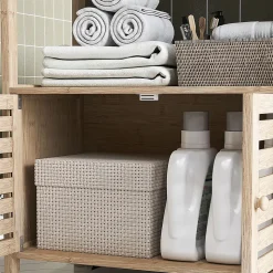 Meuble de Salle de Bain avec 3 étagères en Bambou 1 Placard avec Portes à Lattes 63 x 30 x 138 cm Bois Naturel et Blanc