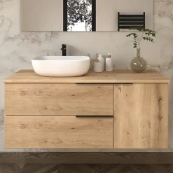 Meuble de salle de bain avec vasque à poser arrondie KING et miroir Led STAM - Roble (chêne clair) - 120cm