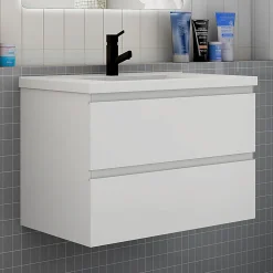 Meuble de salle de bain avec lavabo, 80 cm, 2 tiroirs avec fermeture amortie, meuble suspendu blanc