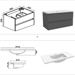 Meuble de salle de bain avec lavabo, 100 cm, 2 tiroirs avec fermeture amortie, meuble suspendu anthracite