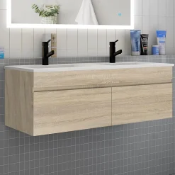 Meuble de salle de bain avec double vasque chêne, meuble suspendu 120 cm avec double porte chêne