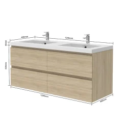Meuble de salle de bain avec double vasque chêne, 120 cm meuble chêne avec lavabo meuble à 4 tiroirs