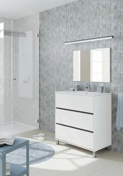 Meuble de salle de bain avec 3 portes coloris blanc - Hauteur 88 x Longueur 81 x Profondeur 47 cm