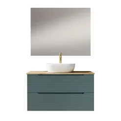 Meuble de salle de bain avec vasque, miroir et applique LED BOREAL 100x45 cm finition Bleu Océan mat 2 tiroirs suspendus Kibath
