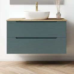 Meuble de salle de bain avec vasque, miroir et applique LED BOREAL 100x45 cm finition Bleu Océan mat 2 tiroirs suspendus Kibath