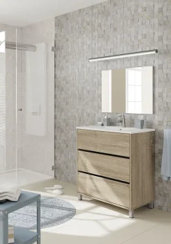 Meuble de salle de bain avec 3 portes coloris chêne cambian - Hauteur 88 x largeur 81,5 x profondeur 46,5 cm