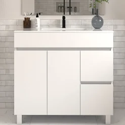 Meuble de salle de bain 70cm simple vasque sans miroir sur pieds avec portes et tiroirs - blanc - HARO