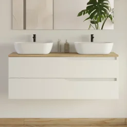 Meuble de salle de bain 120cm avec plateau miel et 2 vasques à poser Zeus - 2 tiroirs - sans miroir - blanc - LUNA