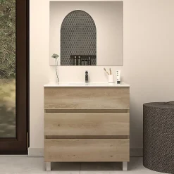 Meuble de salle de bain 60cm simple vasque - 3 tiroirs - nebraska (bois clair) - MAYOR