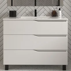 Meuble de salle de bain 100cm simple vasque - sans miroir - 3 tiroirs - blanc - MATA