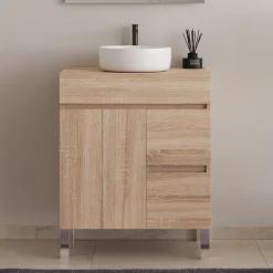Meuble de salle de bain 80cm sur pieds avec plateau et 1 vasque à poser Ares - sans miroir - portes et tiroirs - cambrian - HARO