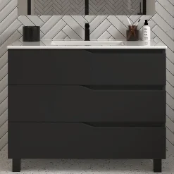 Meuble de salle de bain 90cm simple vasque - 3 tiroirs - noir - MATA