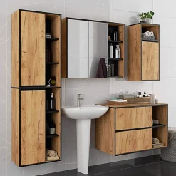 Meuble de salle de bain, chêne artisanal/noir, 90 x 75 x 15 cm