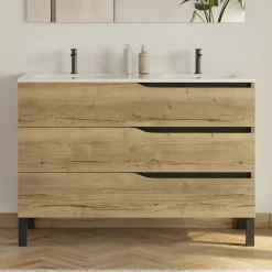 Meuble de salle de bain 120cm avec plan double vasque - 3 tiroirs - sans miroir - madera miel (bois clair) - MATA