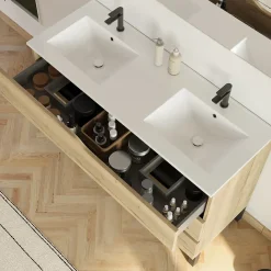 Meuble de salle de bain 120cm avec plan double vasque - 3 tiroirs - sans miroir - madera miel (bois clair) - MATA