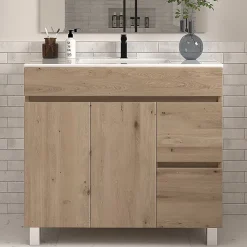 Meuble de salle de bain 80cm simple vasque sans miroir sur pieds avec portes et tiroirs - cambrian (chêne clair) - HARO