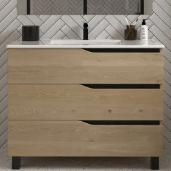 Meuble de salle de bain 90cm simple vasque - 3 tiroirs - sans miroir - madera miel (chêne clair) - MATA
