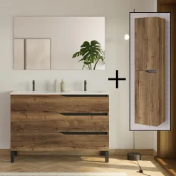 Meuble de salle de bain 120cm avec double vasque - 3 tiroirs et colonne de rangement - tabaco (chêne foncé) - MATA