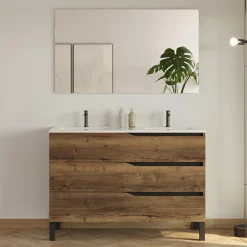 Meuble de salle de bain 120cm avec double vasque - 3 tiroirs et colonne de rangement - tabaco (chêne foncé) - MATA