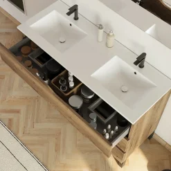 Meuble de salle de bain 120cm avec double vasque - 3 tiroirs et colonne de rangement - tabaco (chêne foncé) - MATA