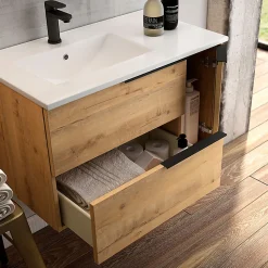 Meuble de salle de bain 100cm avec vasque à poser ronde - 2 tiroirs - roble (chêne clair) - KING