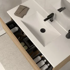 Meuble de salle de bain 100cm simple vasque - sans miroir - 2 tiroirs - madera miel (bois clair) - LUNA