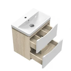 Meuble de salle de bain 50cm avec 2 tiroirs, suspendu Blanc + Chêne