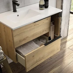 Meuble de salle de bain 80cm vasque déportée - 2 tiroirs - miroir avec armoirette - KING - Roble (chêne clair)