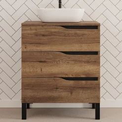 Meuble de salle de bain 80cm avec plateau et vasque à poser zeus - 3 tiroirs - sans miroir - tabaco (chêne foncé) - MATA