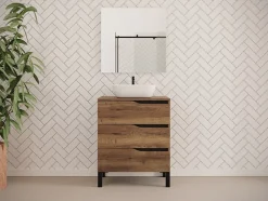 Meuble de salle de bain 80cm avec plateau et vasque à poser zeus - 3 tiroirs - sans miroir - tabaco (chêne foncé) - MATA