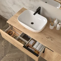 Meuble de salle de bain 100cm avec vasque à poser arrondie - 2 tiroirs - sans miroir - roble (chêne clair) - KING