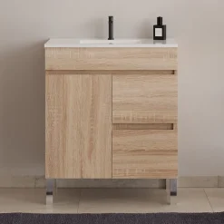 Meuble de salle de bain 60cm sur pieds avec simple vasque - sans miroir - porte et tiroirs - cambrian (chêne clair) - HARO