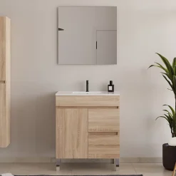 Meuble de salle de bain 60cm sur pieds avec simple vasque - sans miroir - porte et tiroirs - cambrian (chêne clair) - HARO