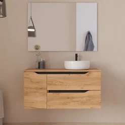 Meuble de salle de bain 100cm avec plateau, vasque à poser à droite Ares et miroir - 2 tiroirs et 1 placard - roble - ZARZA
