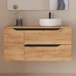 Meuble de salle de bain 100cm avec plateau, vasque à poser à droite Ares et miroir - 2 tiroirs et 1 placard - roble - ZARZA
