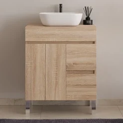 Meuble de salle de bain 70cm sur pieds avec plateau et 1 vasque à poser Zeus - sans miroir - portes et tiroirs - cambrian - HARO