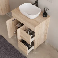 Meuble de salle de bain 70cm sur pieds avec plateau et 1 vasque à poser Zeus - sans miroir - portes et tiroirs - cambrian - HARO