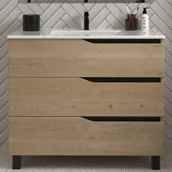 Meuble de salle de bain 80cm simple vasque - sans miroir - 3 tiroirs - madera miel (bois clair) - MATA