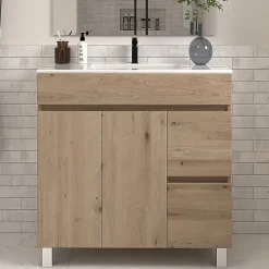 Meuble de salle de bain 70cm simple vasque sans miroir sur pieds avec portes et tiroirs - cambrian (chêne clair) - HARO