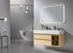 Meuble de salle de bain double vasque 120cm bois et blanc effet marbre avec miroir LED LB-8512 LuxuryBain-