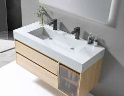 Meuble de salle de bain double vasque 120cm bois et blanc effet marbre avec miroir LED LB-8512 LuxuryBain-