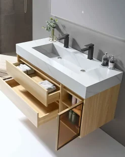 Meuble de salle de bain double vasque 120cm bois et blanc effet marbre avec miroir LED LB-8512 LuxuryBain-