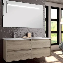 Meuble de salle de bain double vasque - 4 tiroirs - IRIS et miroir Led STAM - cambrian (chêne) - 120cm
