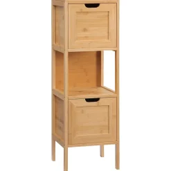 Meuble de salle de bain en bambou avec 2 tiroirs, meuble bas latéral style campagnard, dispositif anti-basculement