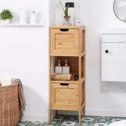 Meuble de salle de bain en bambou avec 2 tiroirs, meuble bas latéral style campagnard, dispositif anti-basculement