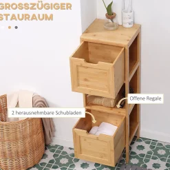 Meuble de salle de bain en bambou avec 2 tiroirs, meuble bas latéral style campagnard, dispositif anti-basculement