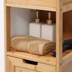 Meuble de salle de bain en bambou avec 2 tiroirs, meuble bas latéral style campagnard, dispositif anti-basculement