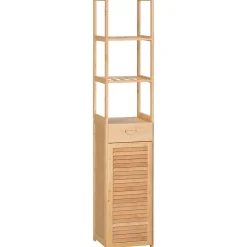 Meuble de salle de bain en bambou naturel, avec tiroir, trois étagères et compartiment ouvert, Bois naturel.