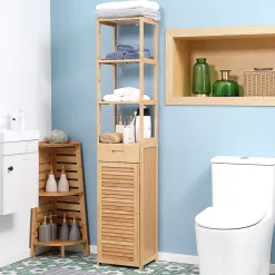 Meuble de salle de bain en bambou naturel, avec tiroir, trois étagères et compartiment ouvert, Bois naturel.